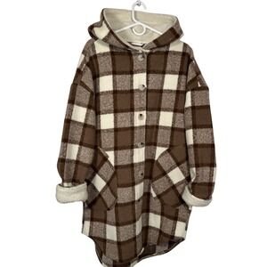 RD Style Conscious Brown Plaid Sherpa Lined Hooded Shacket Coat Womens Medium